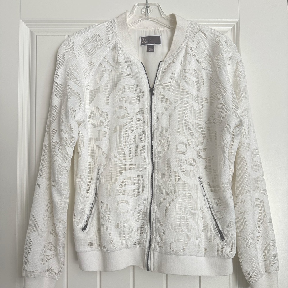 White light embroidered cutout bomber jacket